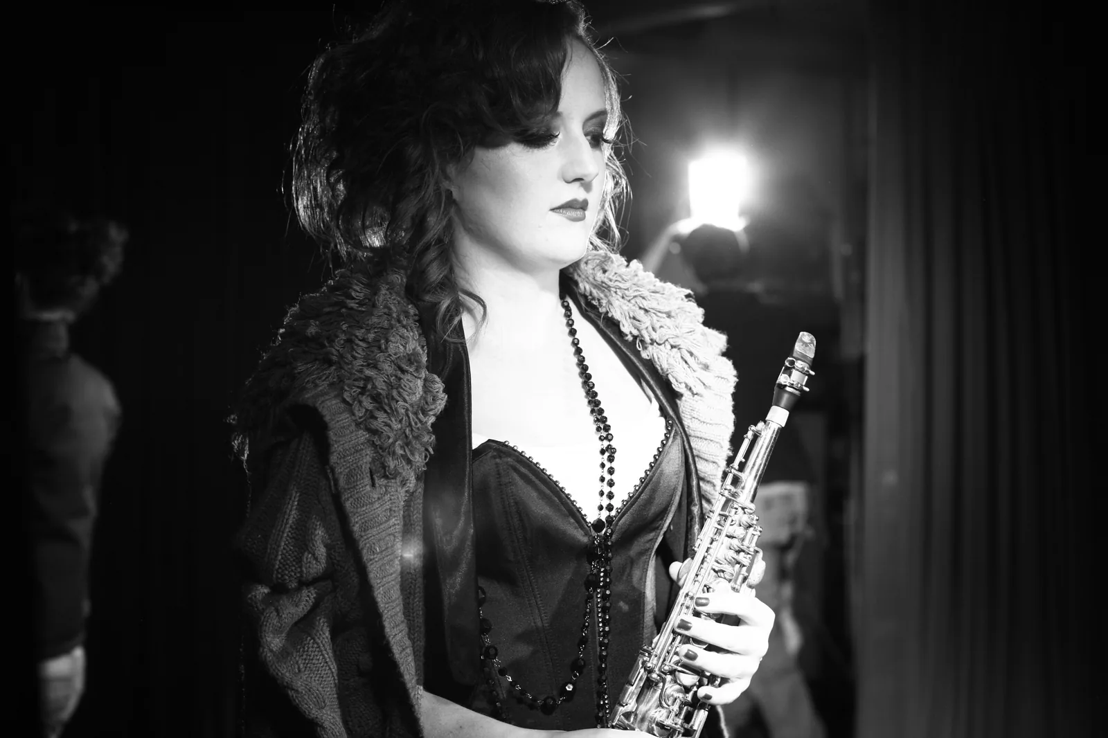 Sarah Saxophone backstage styling before a show