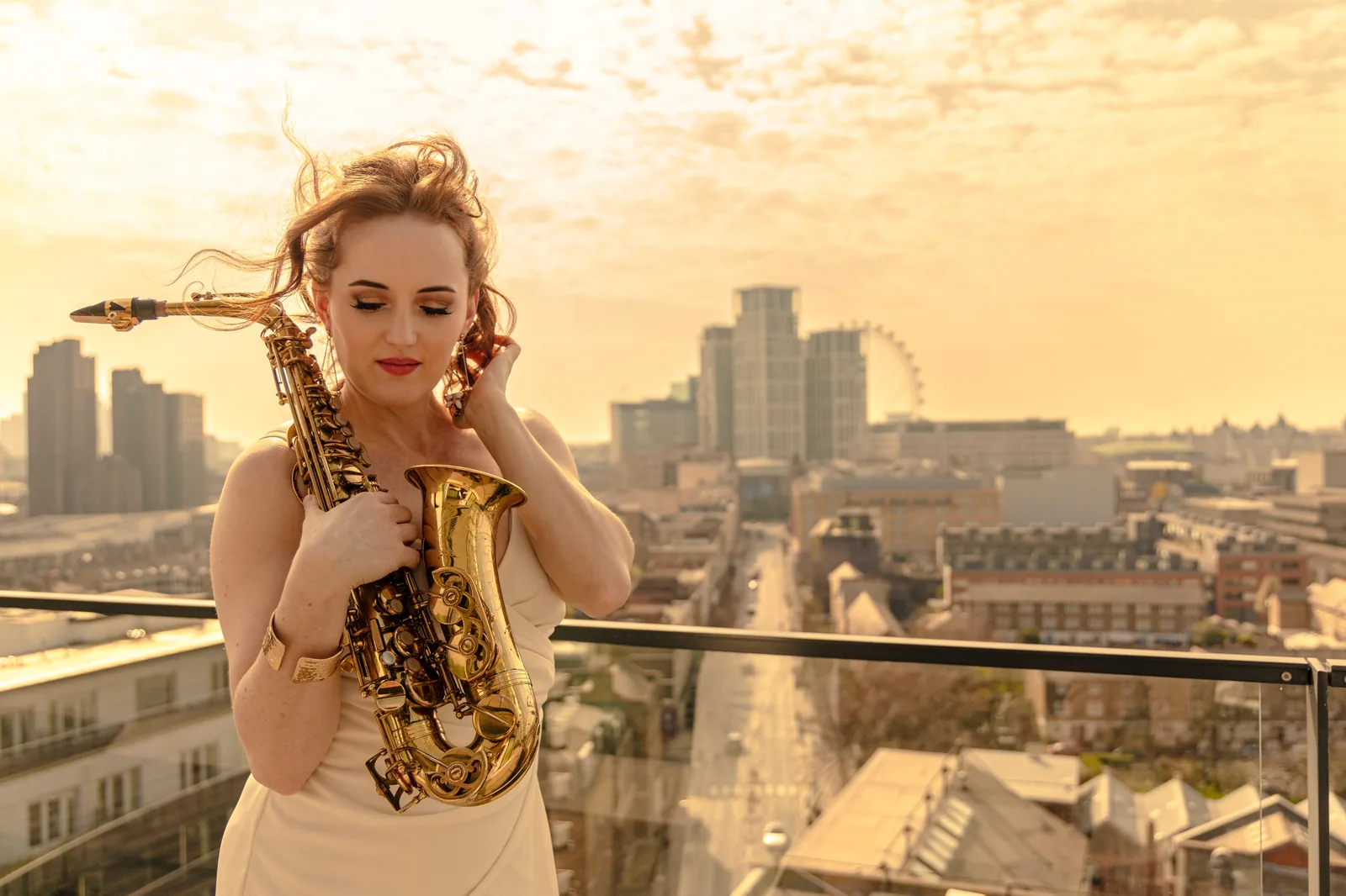 Sarah Saxophone performing on a London rooftop